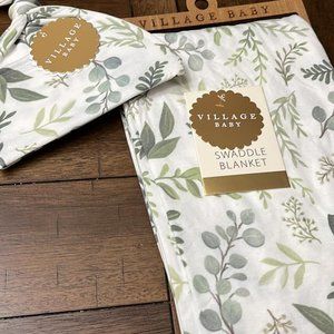 Extra Soft Stretchy Knit Swaddle Blanket with matching hat: Graceful Greenery